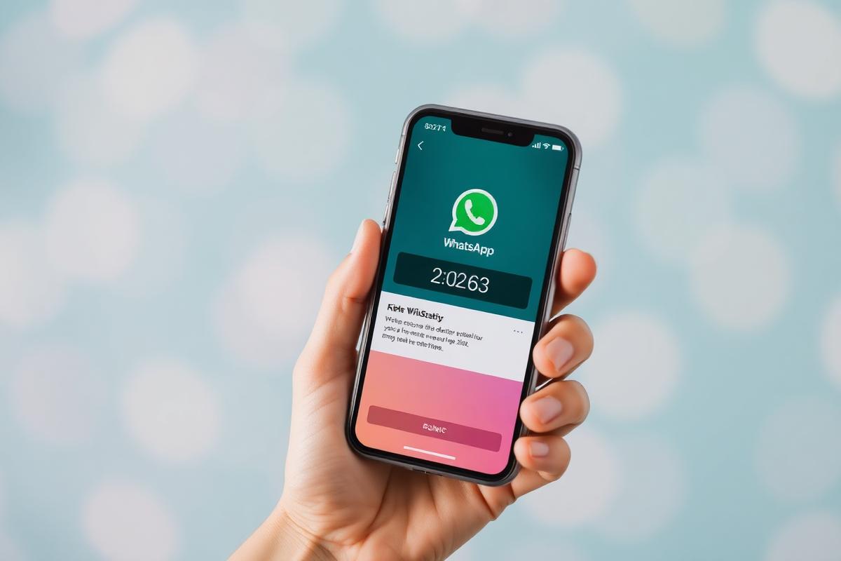 Mão segurando smartphone exibindo status do WhatsApp com contagem regressiva de chá rifa