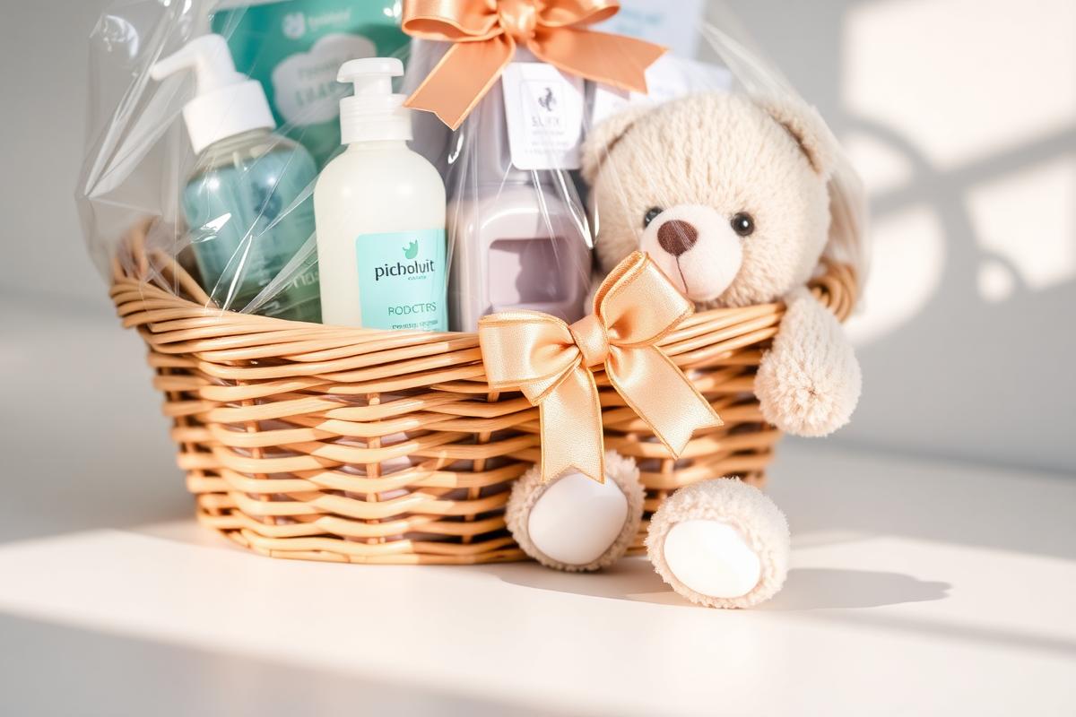 Cesta de presentes premium com itens de bebê e laço dourado — exemplo de prêmio para rifa de chá de bebê