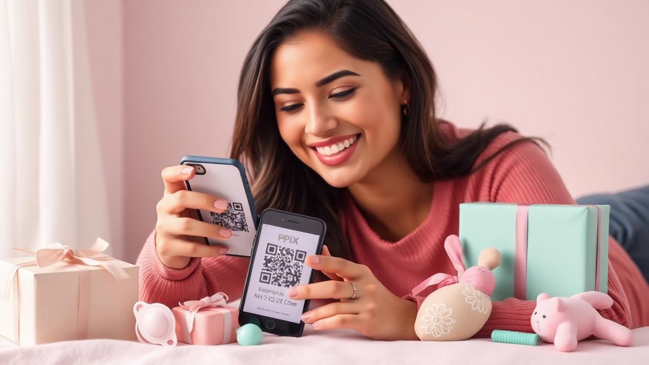 Mulher sorrindo segurando celular com QR Code PIX ao lado de presentes de chá de bebê — capa do guia de como fazer um chá rifa online