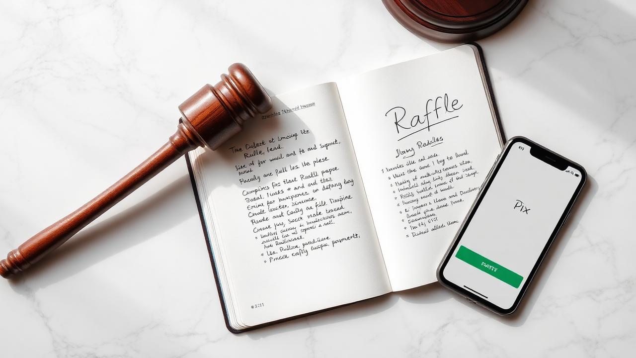 Martelo de juiz, caderno com regulamento de rifa escrito à mão e smartphone com PIX em mesa de mármore — capa do guia legal