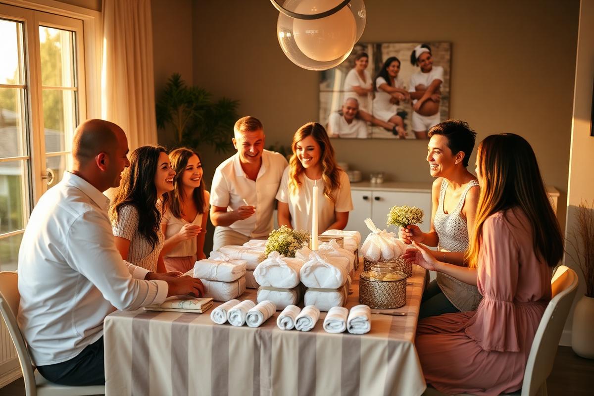 Família e amigos reunidos em chá de bebê tradicional com mesa decorada e presentes embrulhados