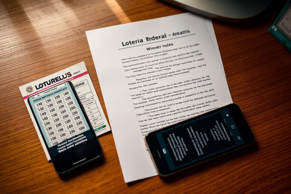 Bilhete da Loteria Federal e documento impresso com regulamento de rifa ao lado de smartphone com anúncio do ganhador