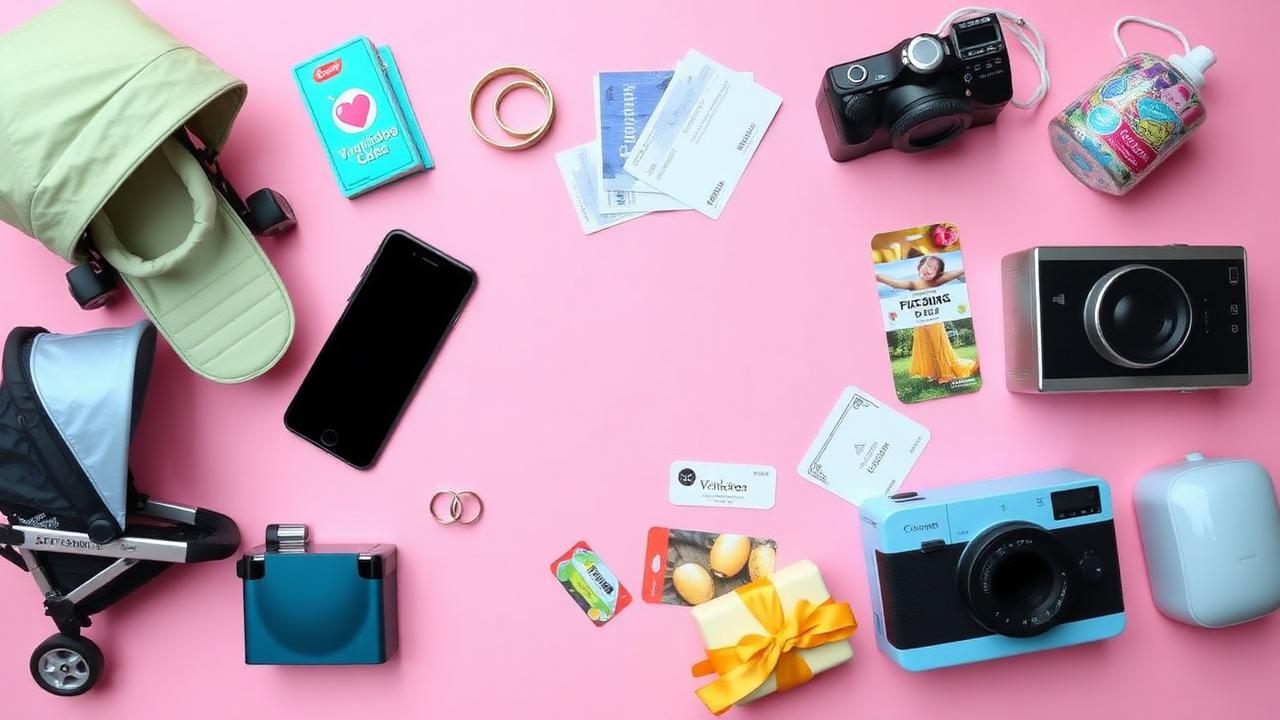 Flat lay com 20 prêmios populares para rifa: carrinho de bebê, smartphone, alianças, vale-viagem, cartões-presente, em fundo rosa pastel