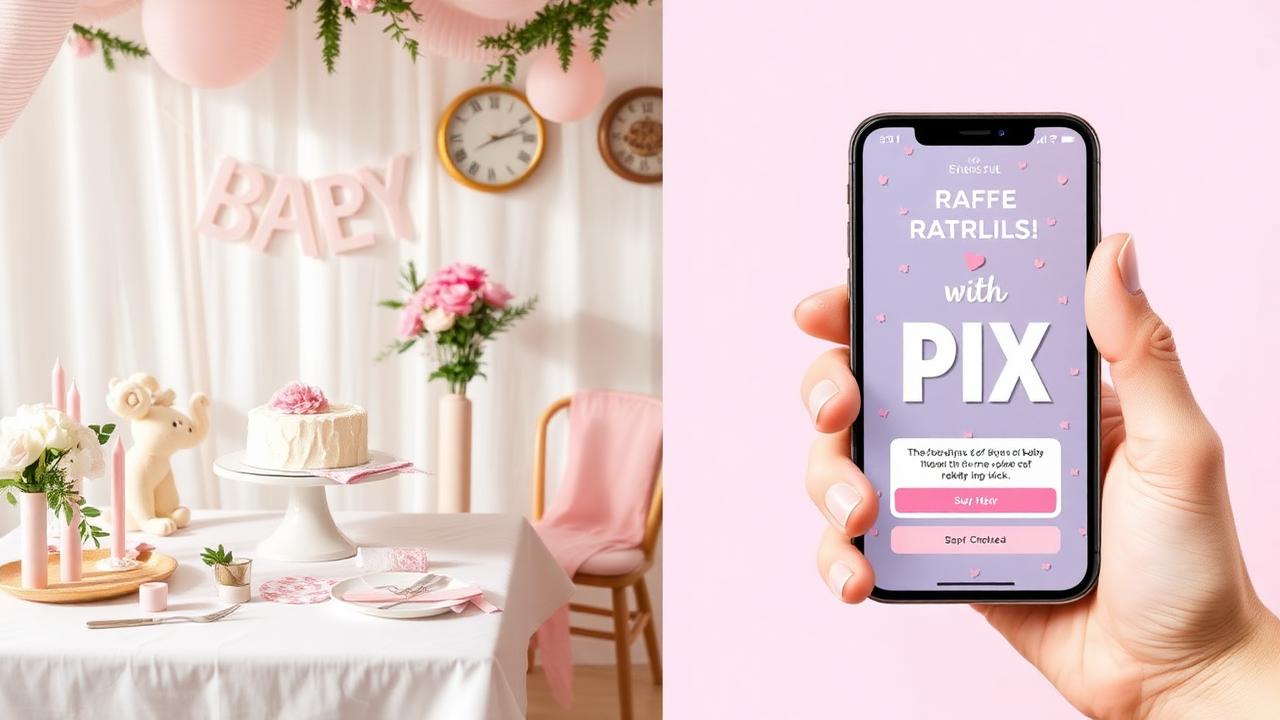 Comparativo lado a lado: mesa de chá de bebê tradicional à esquerda e celular com campanha de chá rifa via PIX à direita