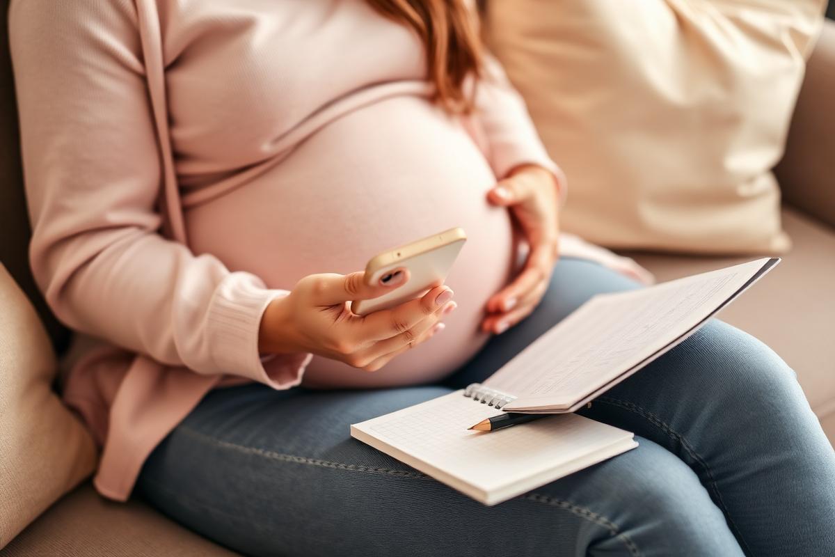 Gestante sentada no sofá usando smartphone para planejar a campanha de chá rifa online